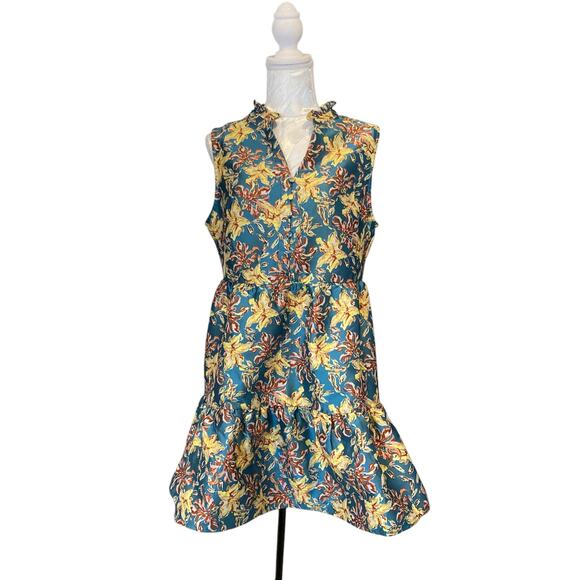 NWT Fate Blue Pink Floral Brocade Peplum Knee Length Summer Dress Size Medium - Picture 1 of 15